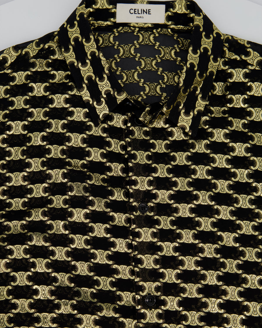 Celine Black & Metallic Gold Jacquard Silk Shirt with Triomphe Logo Pattern and Buttoned Cuffs Size FR 40 (UK 12)