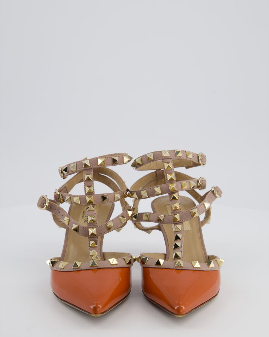 Valentino Orange and Beige Garavani Rockstud Leather Ankle Strap Pump Heels EU 36