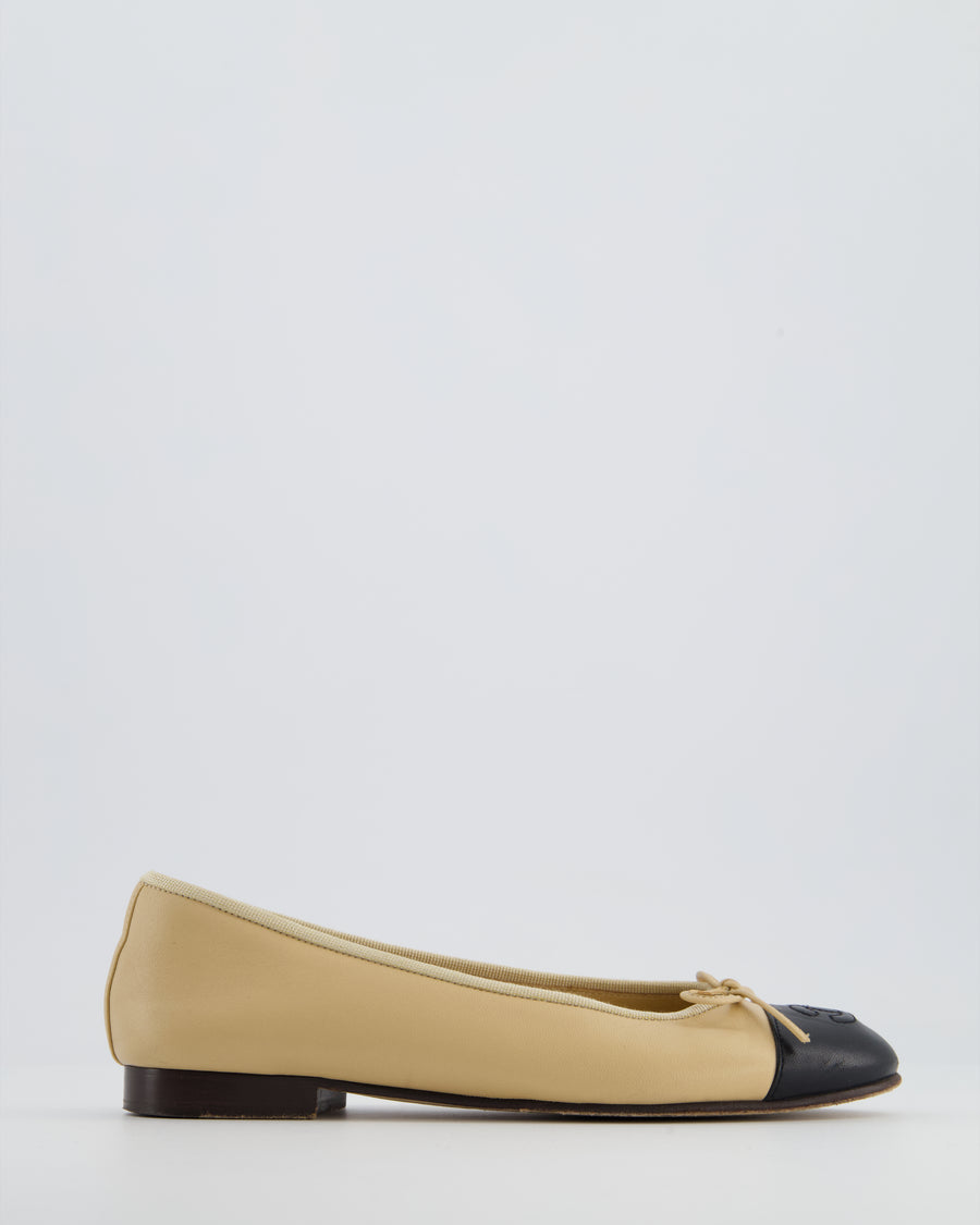 Chanel Beige & Black Leather Ballet Flats with CC Logo Detail Size EU 35.5