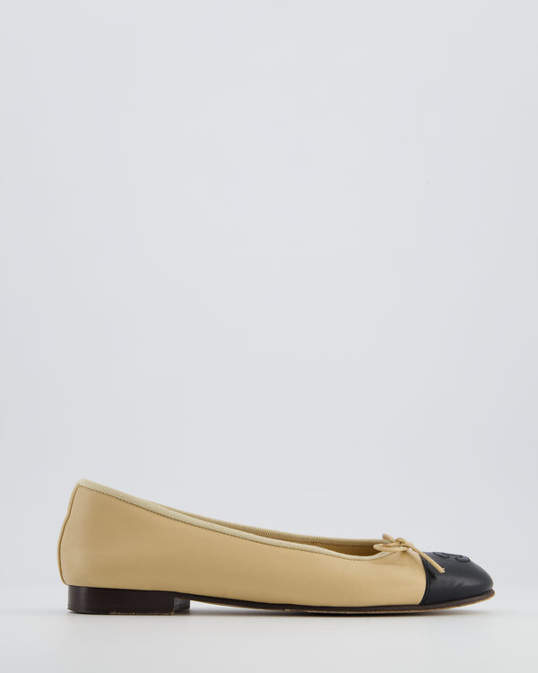 Chanel Beige & Black Leather Ballet Flats with CC Logo Detail Size EU 35.5