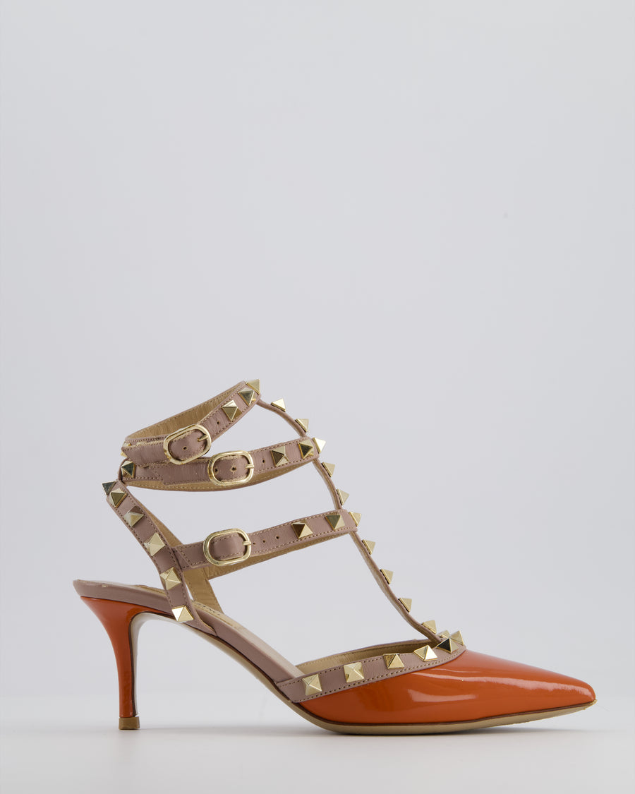 Valentino Orange and Beige Garavani Rockstud Leather Ankle Strap Pump Heels EU 36