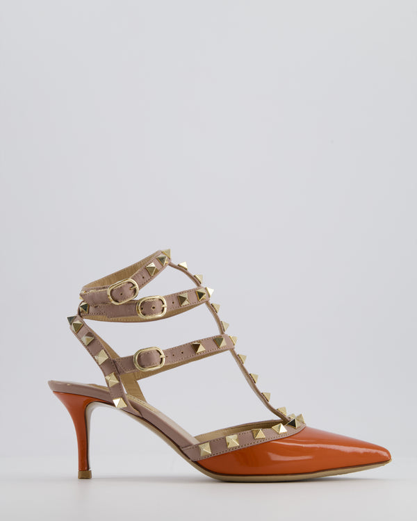 Valentino Orange and Beige Garavani Rockstud Leather Ankle Strap Pump Heels EU 36