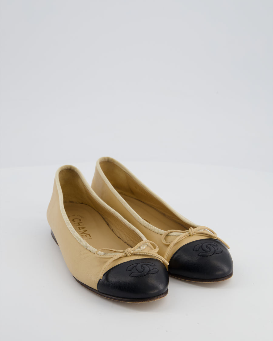 Chanel Beige & Black Leather Ballet Flats with CC Logo Detail Size EU 35.5