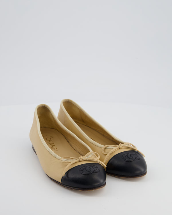 Chanel Beige & Black Leather Ballet Flats with CC Logo Detail Size EU 35.5