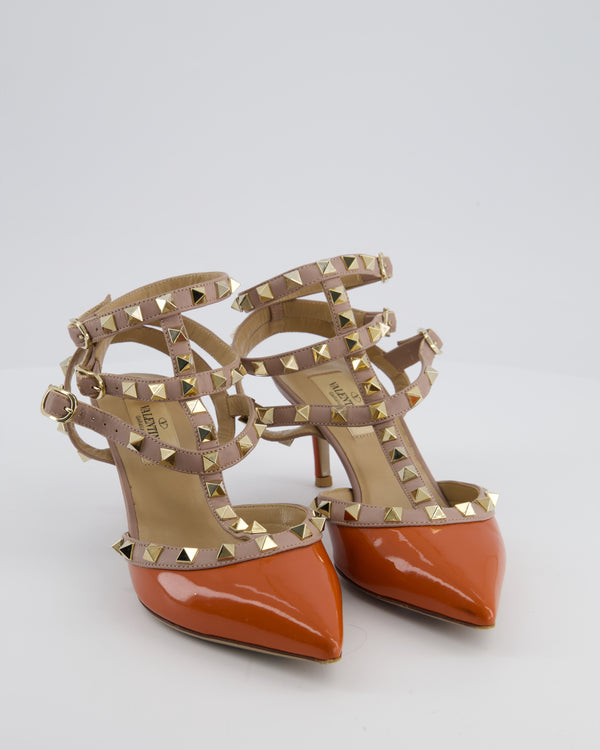 Valentino Orange and Beige Garavani Rockstud Leather Ankle Strap Pump Heels EU 36