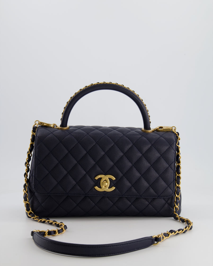 *HOT* Chanel Medium Coco Handle Flap Bag in Midnight Blue Caviar Quilted Leather with Brushed Gold Hardware
