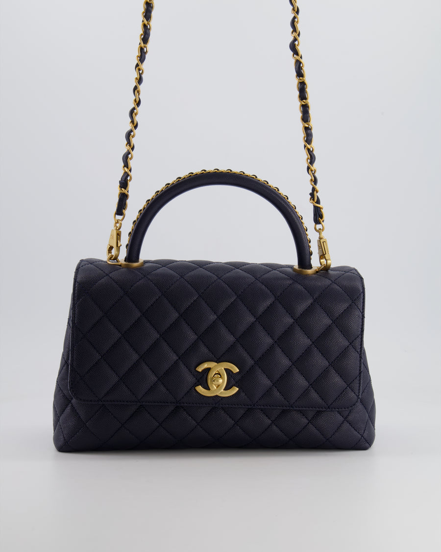 *HOT* Chanel Medium Coco Handle Flap Bag in Midnight Blue Caviar Quilted Leather with Brushed Gold Hardware