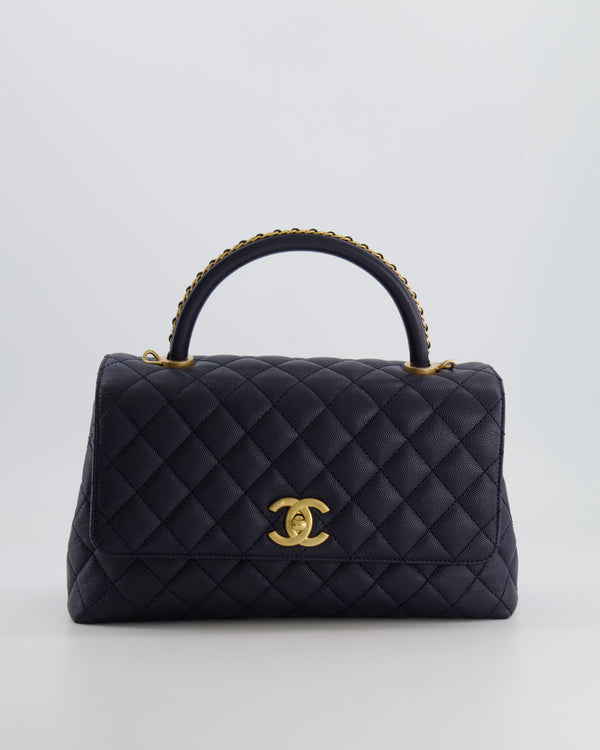 *HOT* Chanel Medium Coco Handle Flap Bag in Midnight Blue Caviar Quilted Leather with Brushed Gold Hardware