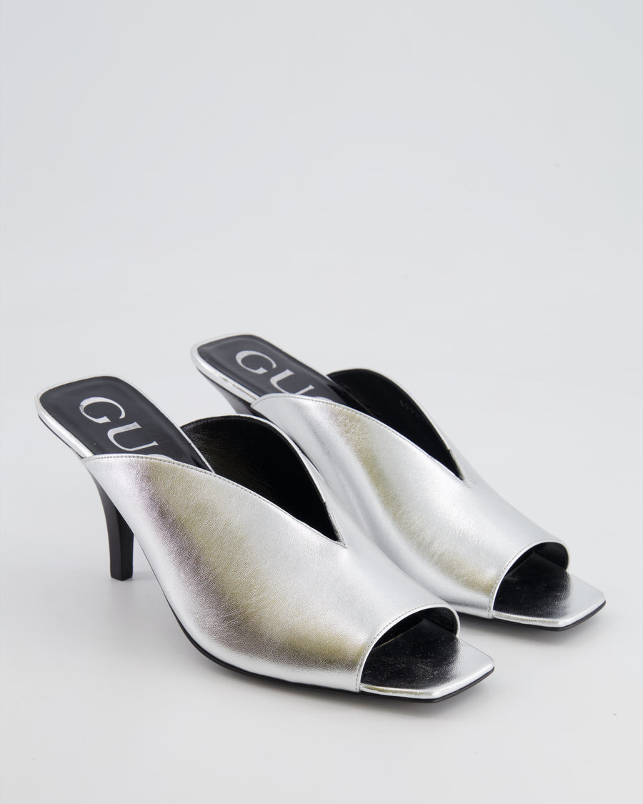 Gucci Silver Leather Heeled Mules with Back Logo Detail Size EU 38