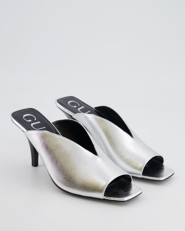 Gucci Silver Leather Heeled Mules with Back Logo Detail Size EU 38