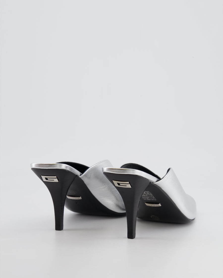 Gucci Silver Leather Heeled Mules with Back Logo Detail Size EU 38