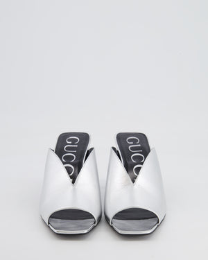 Gucci Silver Leather Heeled Mules with Back Logo Detail Size EU 38