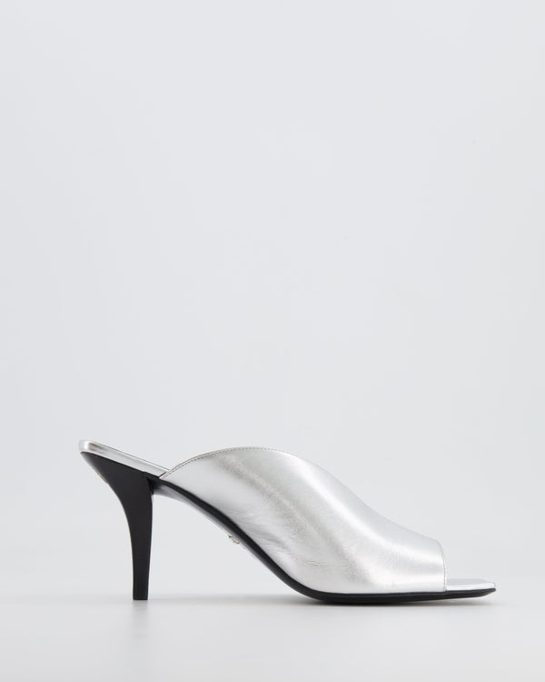 Gucci Silver Leather Heeled Mules with Back Logo Detail Size EU 38