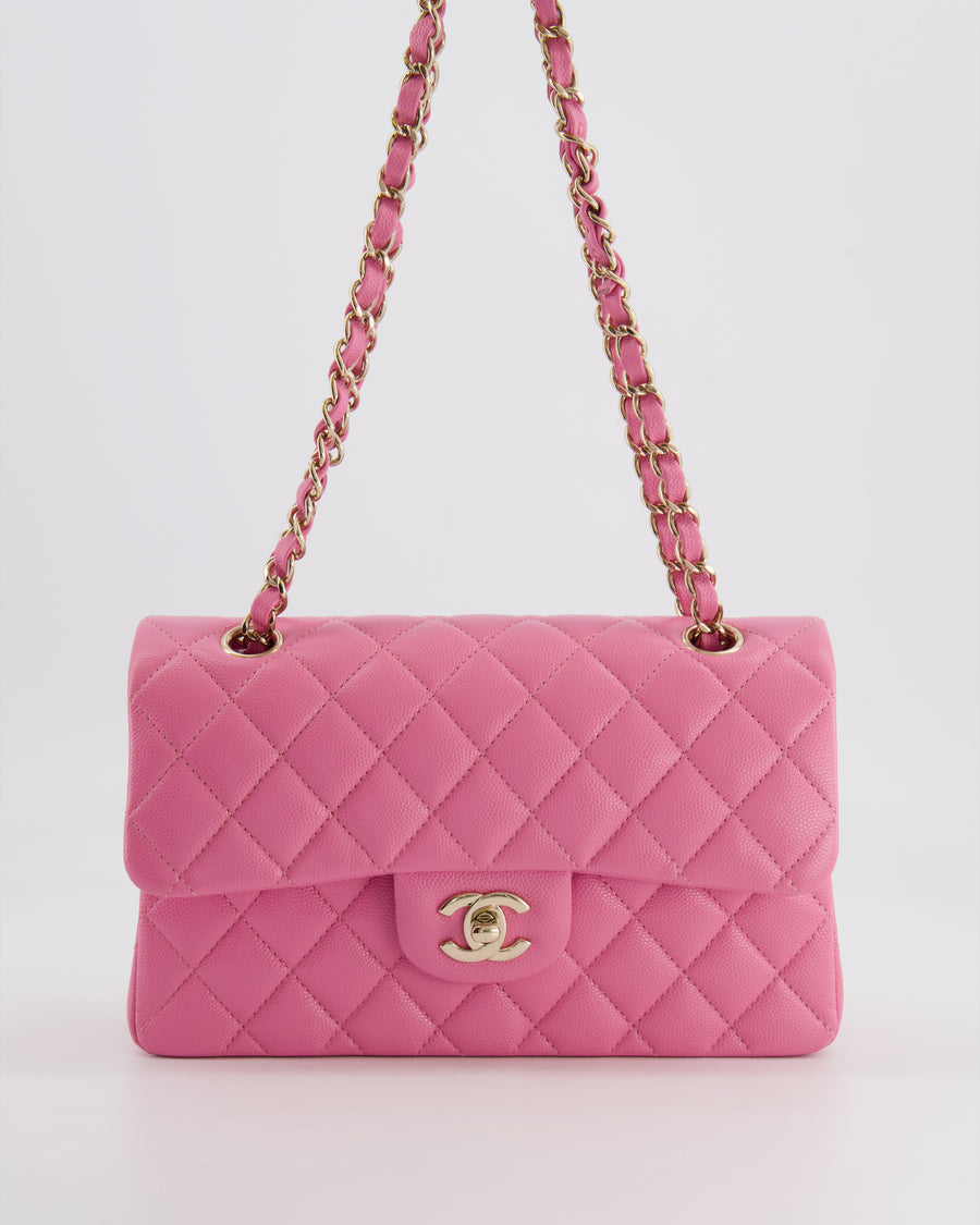 *HOT* Chanel Candy Pink Small Classic Double Flap Bag in Caviar Leather with Champagne Gold Hardware