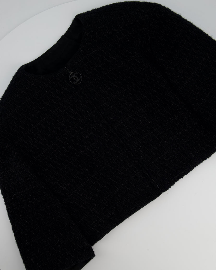 Chanel Black Collarless Long Sleeve Cropped Tweed Zip-Up Jacket Size FR 38 (UK 10)