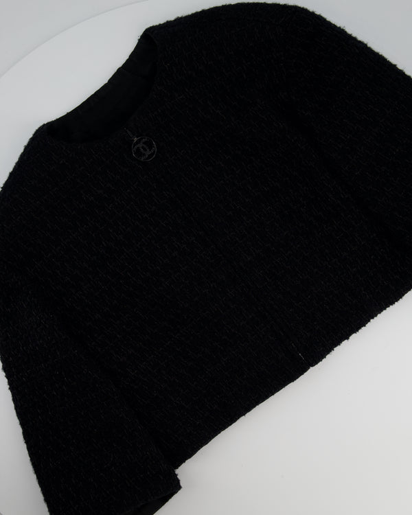 Chanel Black Collarless Long Sleeve Cropped Tweed Zip-Up Jacket Size FR 38 (UK 10)