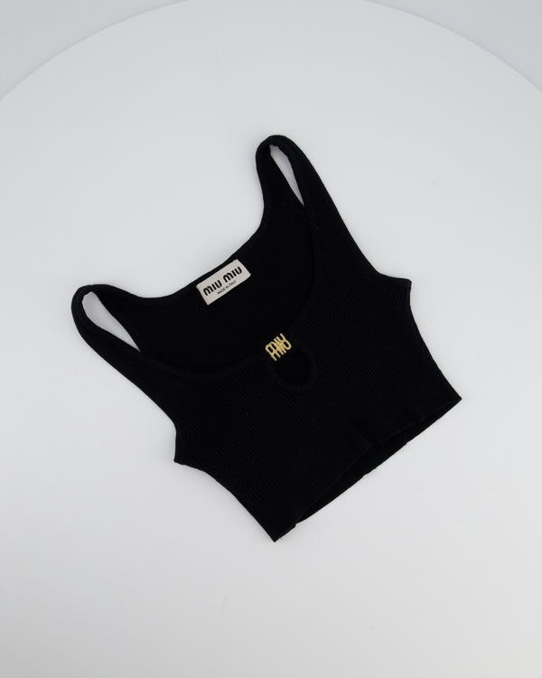 Miu Miu Black Cropped RIbbed Tank Top with Keyhole and Gold Logo Detail Size IT36 (UK 4)