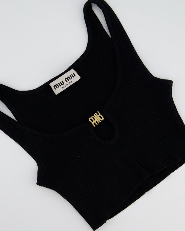 Miu Miu Black Cropped RIbbed Tank Top with Keyhole and Gold Logo Detail Size IT36 (UK 4)