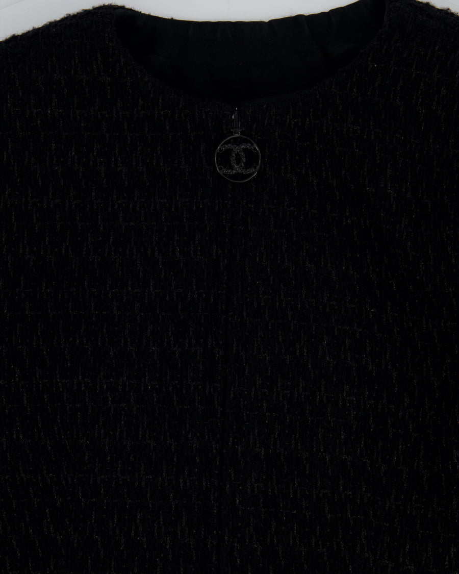Chanel Black Collarless Long Sleeve Cropped Tweed Zip-Up Jacket Size FR 38 (UK 10)