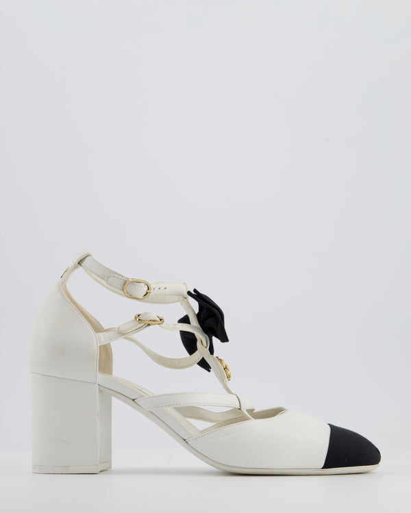 *HOT* Chanel White & Black Mary Jane Heels in Leather with Camelia & Bow Details Size EU 39.5