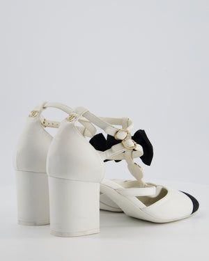 *HOT* Chanel White & Black Mary Jane Heels in Leather with Camelia & Bow Details Size EU 39.5