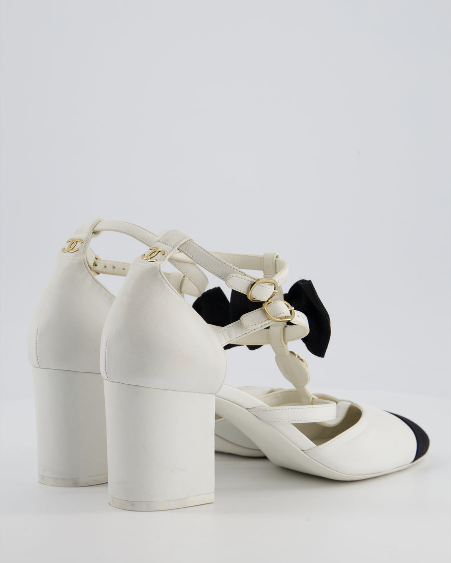 *HOT* Chanel White & Black Mary Jane Heels in Leather with Camelia & Bow Details Size EU 39.5