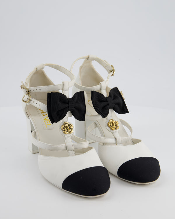 *HOT* Chanel White & Black Mary Jane Heels in Leather with Camelia & Bow Details Size EU 39.5