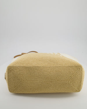 Prada Beige and White Crochet Raffia Tote Bag with Logo Detail