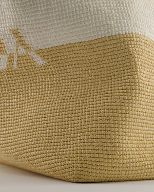 Prada Beige and White Crochet Raffia Tote Bag with Logo Detail