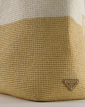 Prada Beige and White Crochet Raffia Tote Bag with Logo Detail