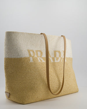 Prada Beige and White Crochet Raffia Tote Bag with Logo Detail