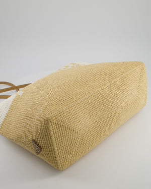 Prada Beige and White Crochet Raffia Tote Bag with Logo Detail