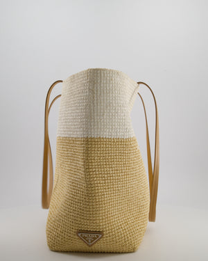 Prada Beige and White Crochet Raffia Tote Bag with Logo Detail