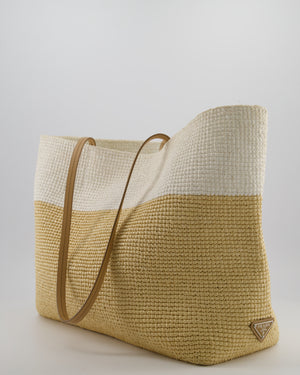 Prada Beige and White Crochet Raffia Tote Bag with Logo Detail