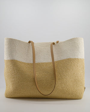 Prada Beige and White Crochet Raffia Tote Bag with Logo Detail