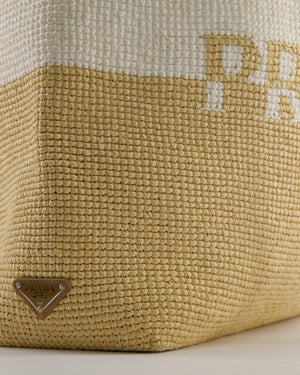 Prada Beige and White Crochet Raffia Tote Bag with Logo Detail