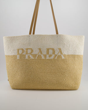 Prada Beige and White Crochet Raffia Tote Bag with Logo Detail