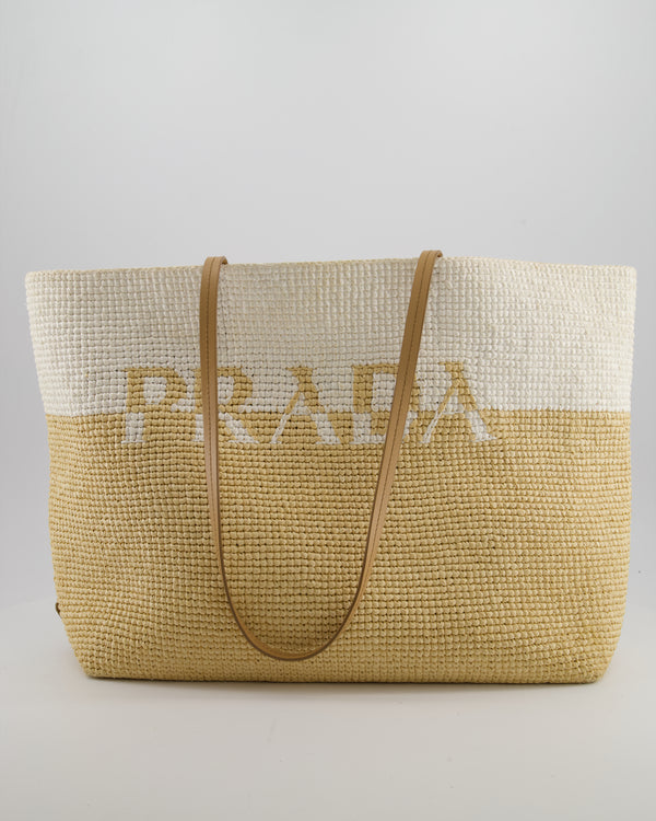 Prada Beige and White Crochet Raffia Tote Bag with Logo Detail