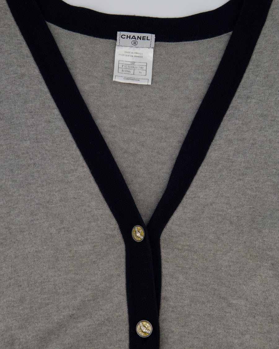 Chanel Grey Long Sleeve Longline Cashmere Dress Cardigan with CC Detail Buttons Size FR 36 (UK 8-10)