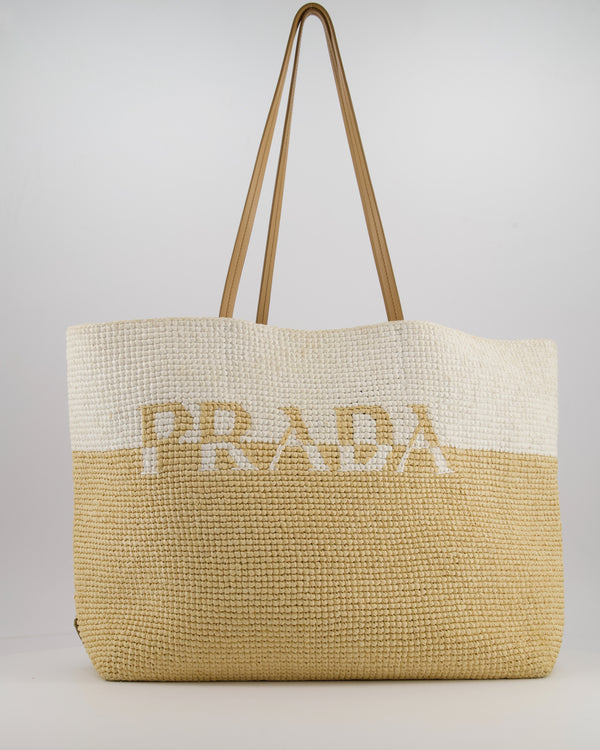 Prada Beige and White Crochet Raffia Tote Bag with Logo Detail