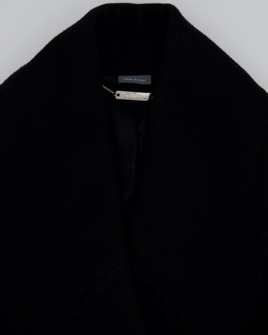 Alexander McQueen Black Flared Wool Coat With Silver Buttons And Oversized Lapels Size IT 40 (UK 8)