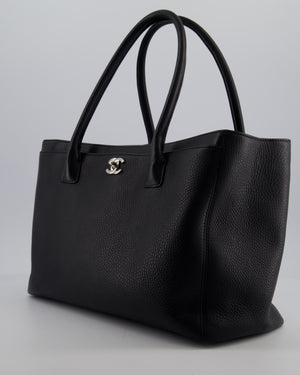 Chanel Vintage Black Executive Tote Bag in Calfskin Leather with Silver Hardware