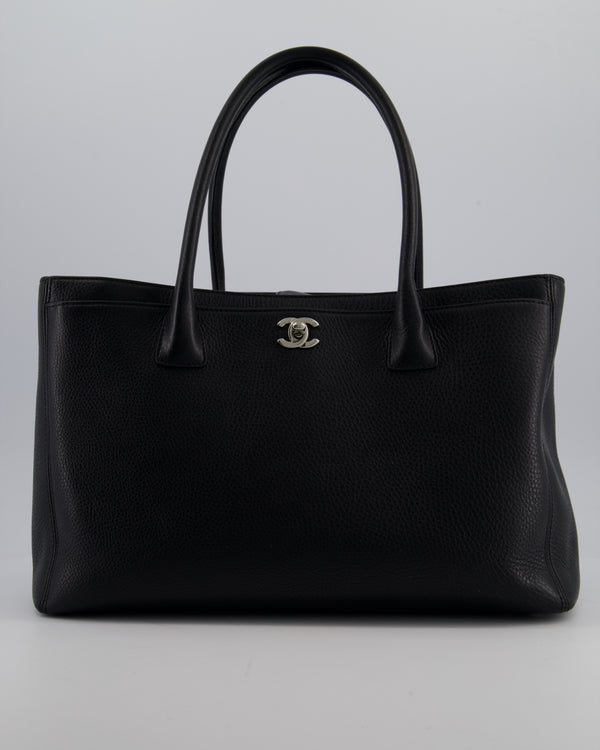 Chanel Vintage Black Executive Tote Bag in Calfskin Leather with Silver Hardware