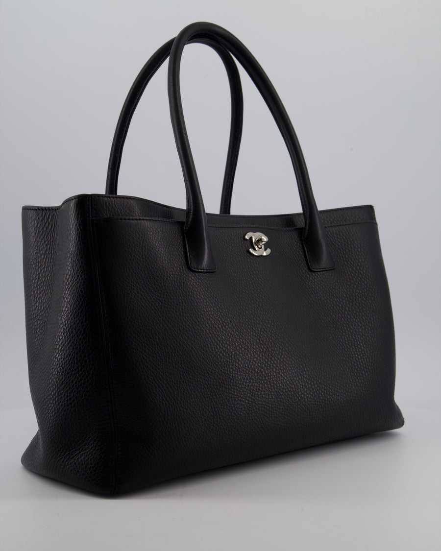 Chanel Vintage Black Executive Tote Bag in Calfskin Leather with Silver Hardware