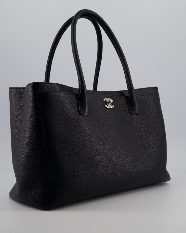 Chanel Vintage Black Executive Tote Bag in Calfskin Leather with Silver Hardware