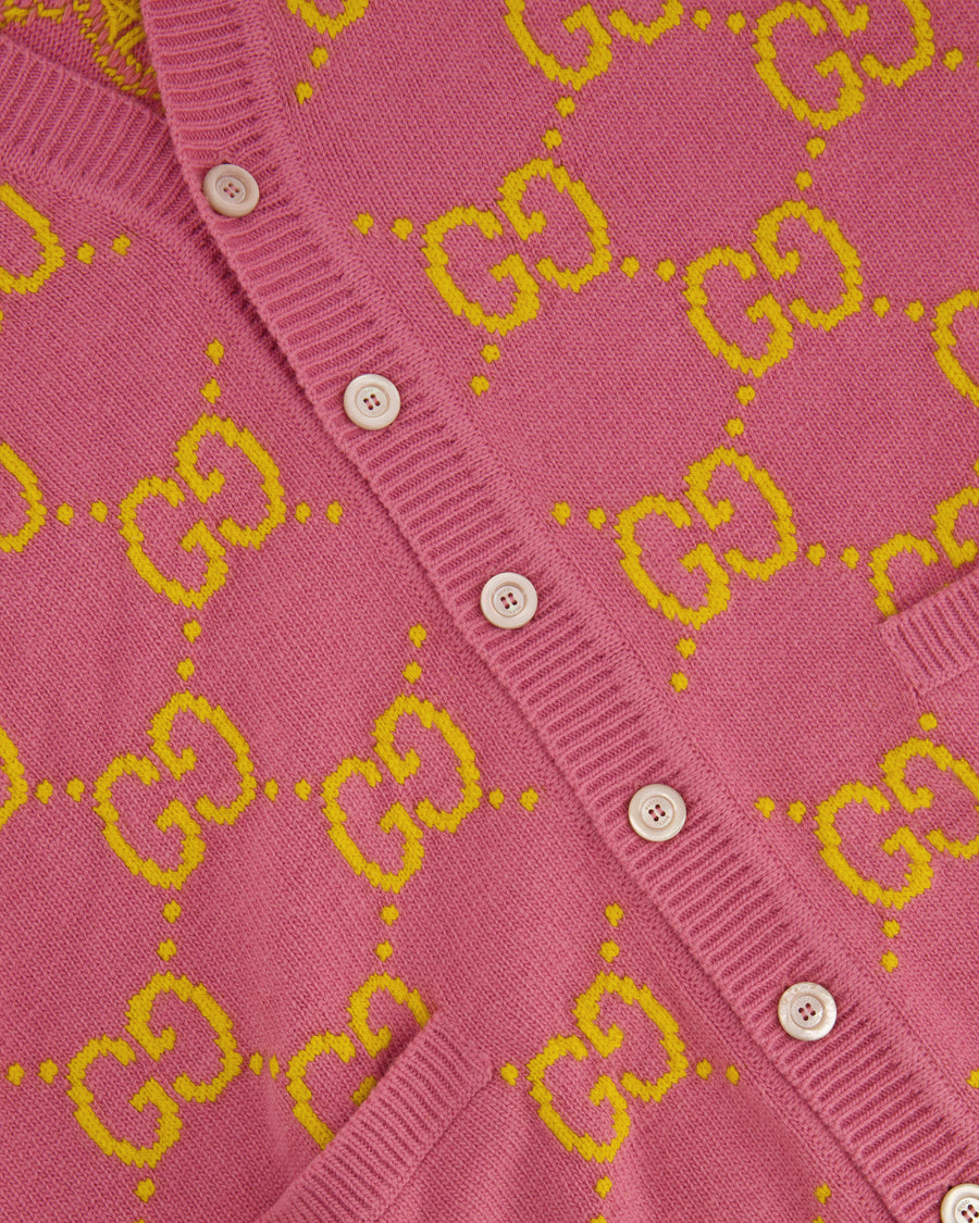 Gucci Pink and Yellow Wool GG Monogram Cardigan with Mother of Pearl Buttons Size XL (UK 12/14) RRP £1,300