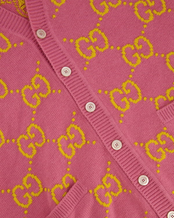 Gucci Pink and Yellow Wool GG Monogram Cardigan with Mother of Pearl Buttons Size XL (UK 12/14) RRP £1,300