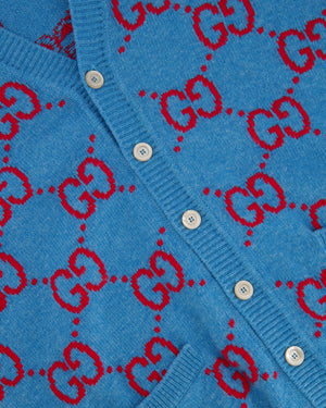 Gucci Blue and Red Wool GG Monogram Cardigan with Mother of Pearl Buttons Size L (UK 12/14) RRP £1,300