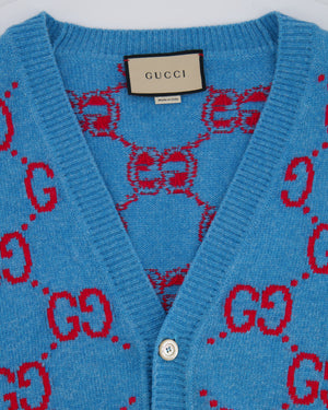 Gucci Blue and Red Wool GG Monogram Cardigan with Mother of Pearl Buttons Size L (UK 12/14) RRP £1,300