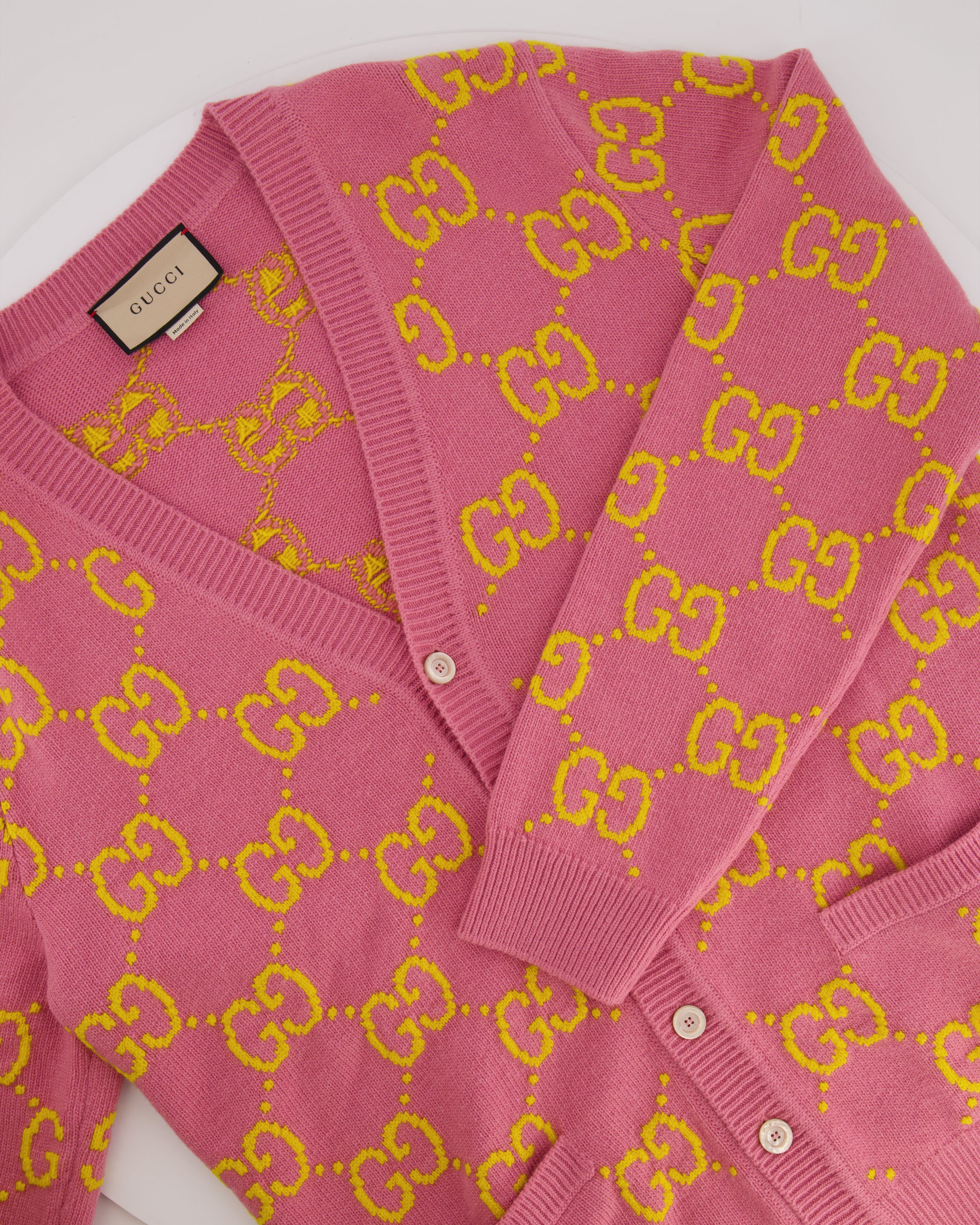 Gucci Pink and Yellow Wool GG Monogram Cardigan with Mother of